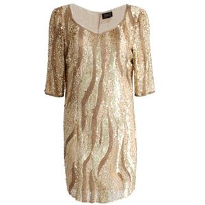 Adrianna Papell Dress Cocktail Gold Embellished Party Dress Formal Occasion